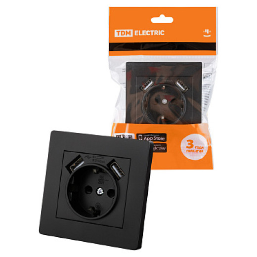TDM Розетка 2П+З 16А 250В + 2 USB порта 2,1А 5В черная 