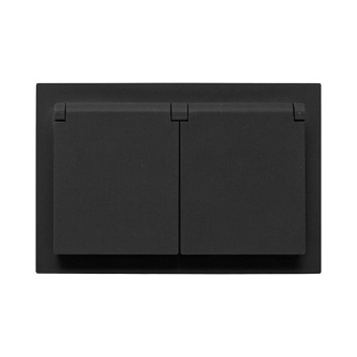 EKF Эпика Механизм розетки двойной, 16А, IP44, с заземлением, со шторками, с рамкой, с крышками, чёрный