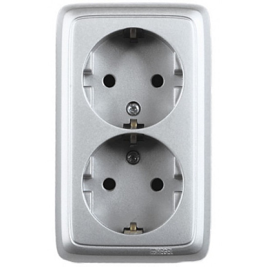 Hegel Альфа наруж Серебро РА16-153-06 Розетка с/з двойная, с изол. пластиной
