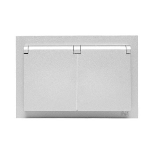 EKF Эпика Механизм розетки двойной, 16А, IP44, с заземлением, со шторками, с рамкой, с крышками, алюминий