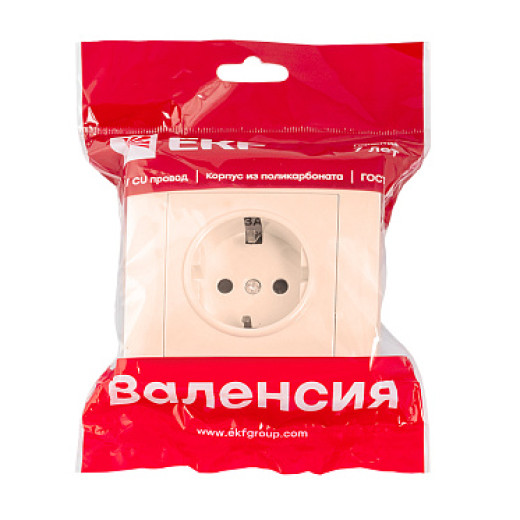 EKF PROxima Валенсия розетка 1-местная с/з 16А кремовая с защ. штор.