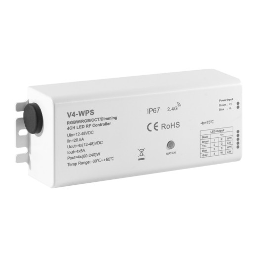 RGBW-контроллер ELFLED V4-WPS, 12/36В, 5A/канал, IP67