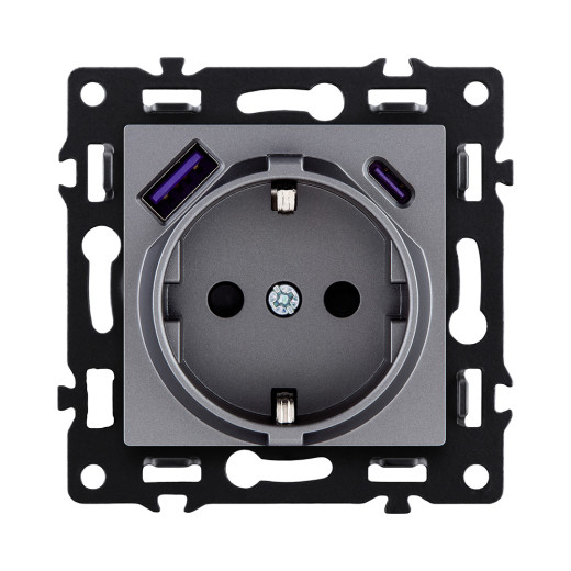 Розетка штепсельная SCHUKO 16A/250 В с USB A+C 20W, серый Kollinger Asthetik AS-016GY