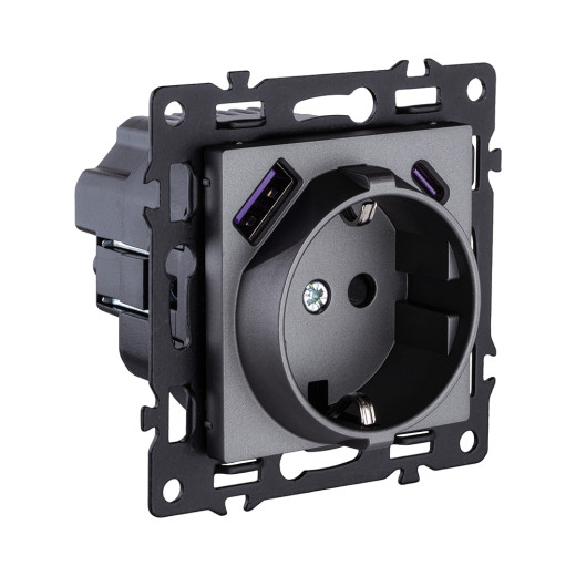 Розетка штепсельная SCHUKO 16A/250 В с USB A+C 20W, серый Kollinger Asthetik AS-016GY