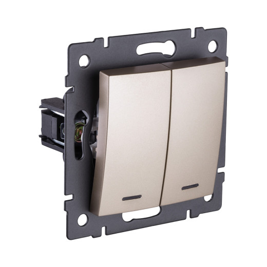 Выключатель кнопочный 2-клавишный 10А/250В с LED подсветкой, изогнутый, золотой Kollinger REA-R-014GD для Aspekt, Eleganz, Reflex