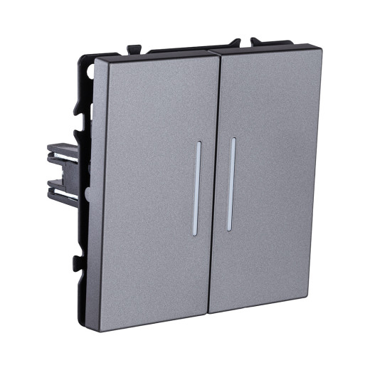 Выключатель 2-клавишный проходной 10А/250В с LED подсветкой, серый Kollinger Eclipse EC-011GY