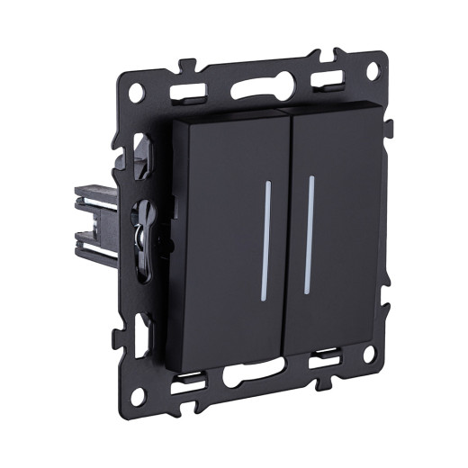 Выключатель 2-клавишный проходной 10А/250В с LED подсветкой, черный Kollinger Asthetik AS-011BK