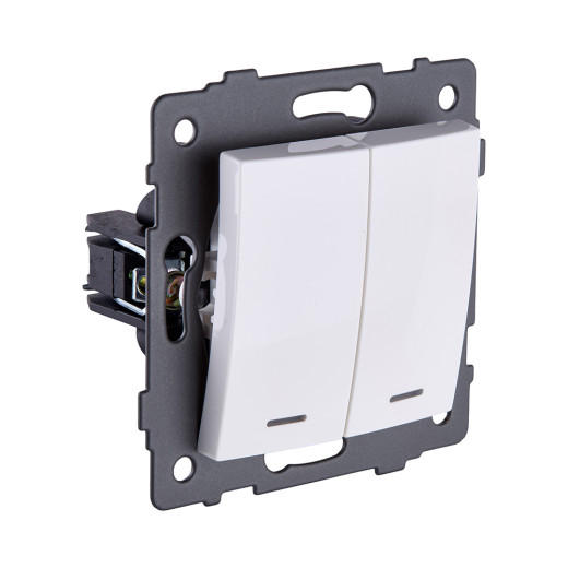 Выключатель 2-клавишный проходной 10А/250В с LED подсветкой, изогнутый, белый Kollinger REA-R-010WH для Aspekt, Eleganz, Reflex