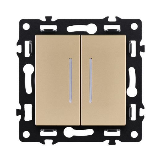 Выключатель 2-клавишный проходной 10А/250В с LED подсветкой, золотой Kollinger Asthetik AS-011GD