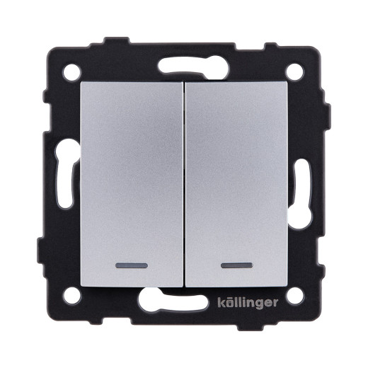 Выключатель 2-клавишный 10А/250В с LED подсветкой, изогнутый, серый Kollinger REA-R-008GY для Aspekt, Eleganz, Reflex