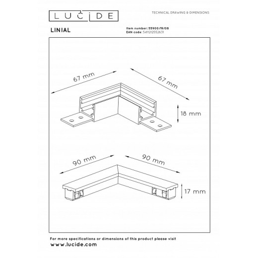 Соединитель угловой L-образный для треков накладных Lucide LINIAL 55900/19/08