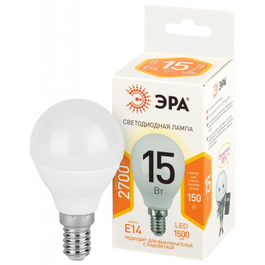 Лампа светодиодная Эра Стандарт E14 15Вт 2700K LED P45-15W-827-E14