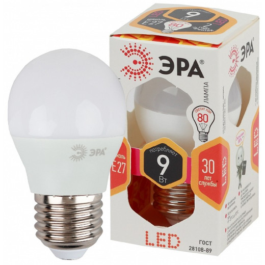 Лампа светодиодная Эра Стандарт E27 9Вт 2700K LED P45-9W-827-E27