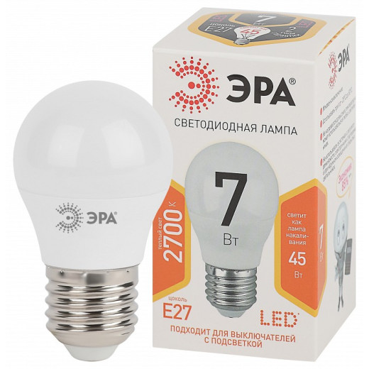 Лампа светодиодная Эра Стандарт E27 7Вт 2700K LED P45-7W-827-E27