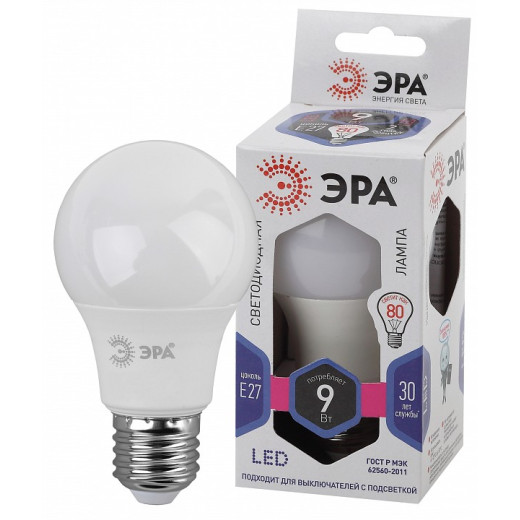 Лампа светодиодная Эра Стандарт E27 9Вт 6000K LED A60-9W-860-E27