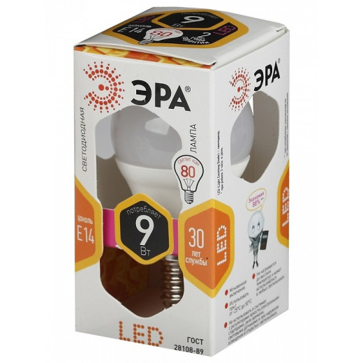 Лампа светодиодная Эра Стандарт E14 9Вт 2700K LED P45-9W-827-E14
