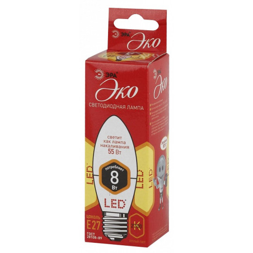 Лампа светодиодная Эра  E27 8Вт 2700K ECO LED B35-8W-827-E27 R