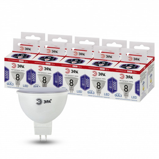 Лампа светодиодная Эра  GU5.3 8Вт 6000K LED MR16-8W-12V-860-GU5.3