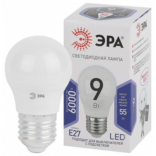 Лампа светодиодная Эра Стандарт E27 9Вт 6000K LED P45-9W-860-E27