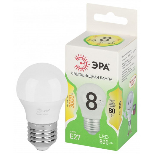 Лампа светодиодная Эра Green Line E27 8Вт 3000K LED P45-8W-830-E27 GL