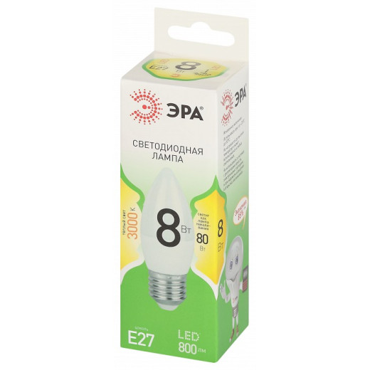 Лампа светодиодная Эра Green Line E27 8Вт 3000K LED B35-8W-830-E27 GL