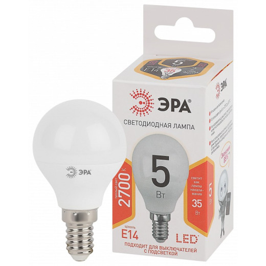 Лампа светодиодная Эра Стандарт E14 5Вт 2700K LED P45-5W-827-E14