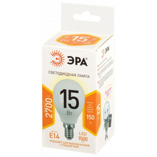 Лампа светодиодная Эра Стандарт E14 15Вт 2700K LED P45-15W-827-E14