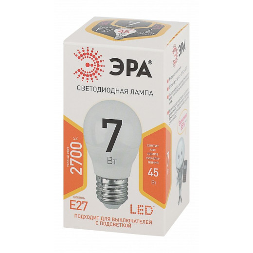 Лампа светодиодная Эра Стандарт E27 7Вт 2700K LED P45-7W-827-E27