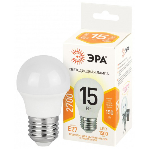 Лампа светодиодная Эра Стандарт E27 15Вт 2700K LED P45-15W-827-E27