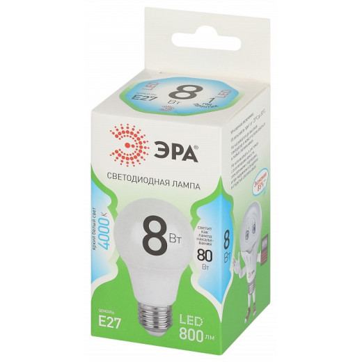 Лампа светодиодная Эра Green Line E27 8Вт 4000K LED A60-8W-840-E27 GL