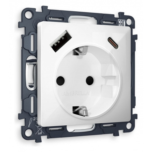 Розетка с заземлением и 2хUSB type A и C, без рамки Ambrella Volt Quant MA110010