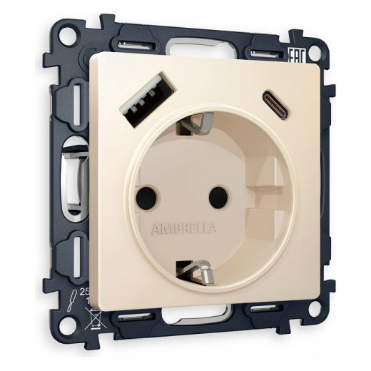 Розетка с заземлением и 2хUSB type A и C, без рамки Ambrella Volt Quant MA330010
