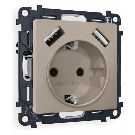 Розетка с заземлением и со шторкой и 2хUSB type A, без рамки Ambrella Volt Quant MA369010
