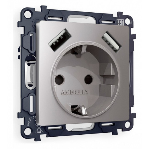 Розетка с заземлением и со шторкой и 2хUSB type A, без рамки Ambrella Volt Quant MA509010