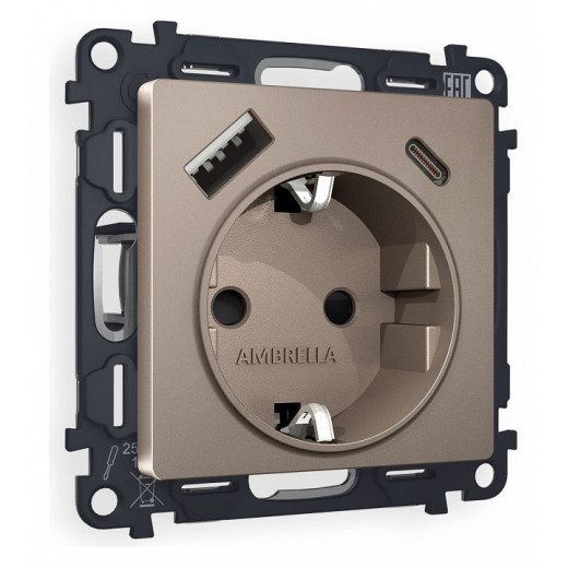 Розетка с заземлением и 2хUSB type A и C, без рамки Ambrella Volt Quant MA640010