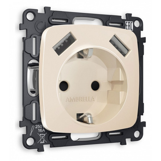 Розетка с заземлением и 2хUSB type A, без рамки Ambrella Volt Quant MO309010