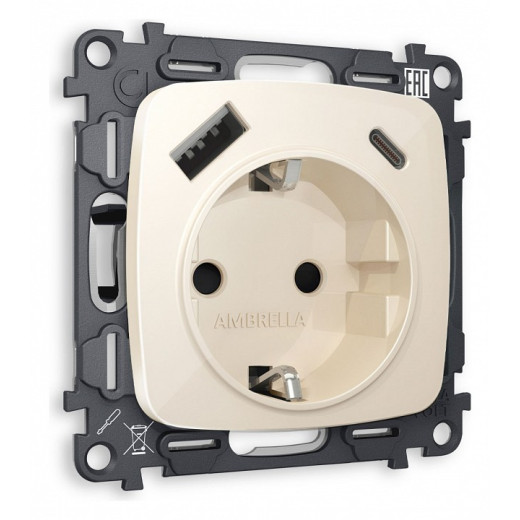 Розетка с заземлением и 2хUSB type A и C, без рамки Ambrella Volt Quant MO310010