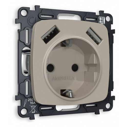 Розетка с заземлением и 2хUSB type A, без рамки Ambrella Volt Quant MO369010
