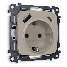 Розетка с заземлением и 2хUSB type A и C, без рамки Ambrella Volt Quant MO370010