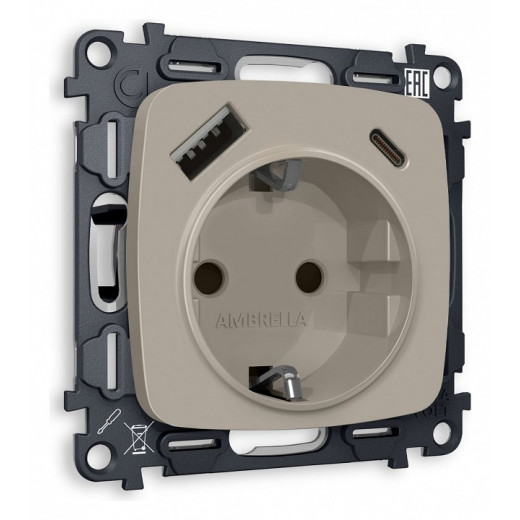 Розетка с заземлением и 2хUSB type A и C, без рамки Ambrella Volt Quant MO370010