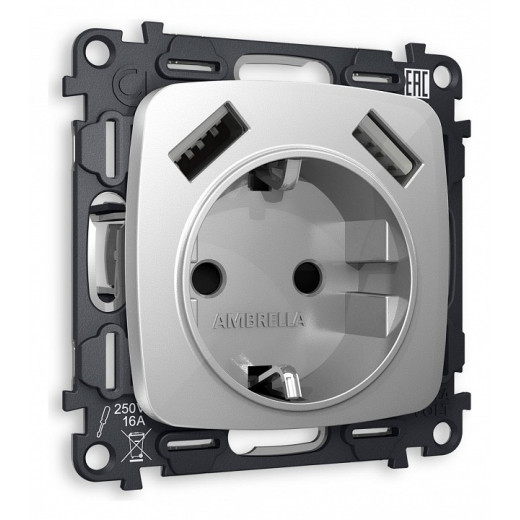Розетка с заземлением и 2хUSB type A, без рамки Ambrella Volt Quant MO409010