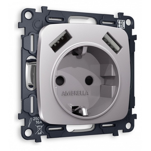 Розетка с заземлением и 2хUSB type A, без рамки Ambrella Volt Quant MO509010