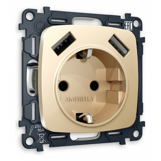 Розетка с заземлением и 2хUSB type A, без рамки Ambrella Volt Quant MO609010