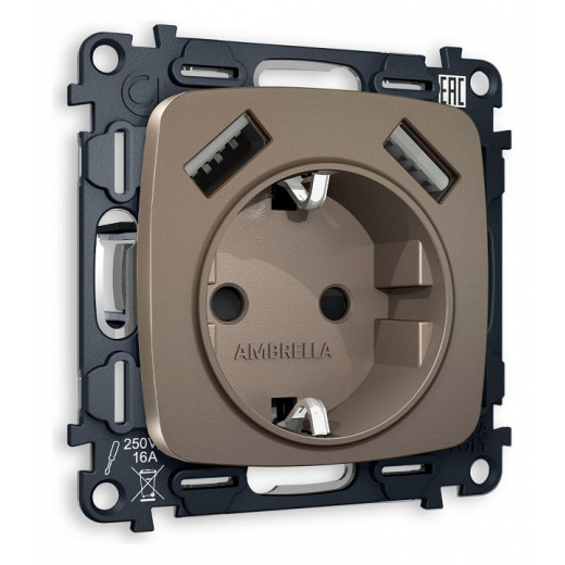 Розетка с заземлением и 2хUSB type A, без рамки Ambrella Volt Quant MO639010