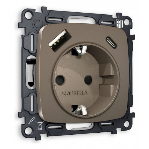 Розетка с заземлением и 2хUSB type A и C, без рамки Ambrella Volt Quant MO640010