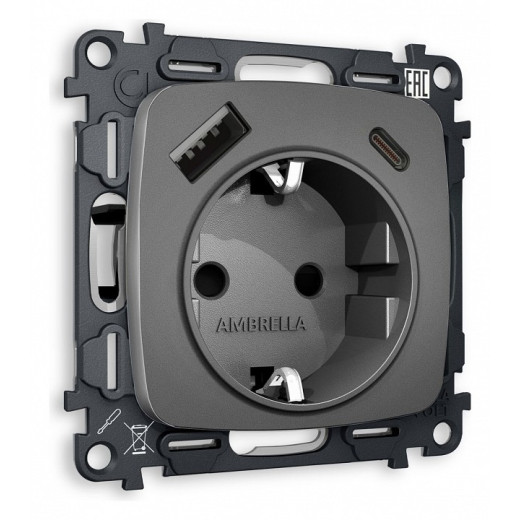 Розетка с заземлением и 2хUSB type A и C, без рамки Ambrella Volt Quant MO660010