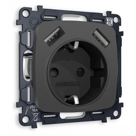 Розетка с заземлением и 2хUSB type A, без рамки Ambrella Volt Quant MO909010