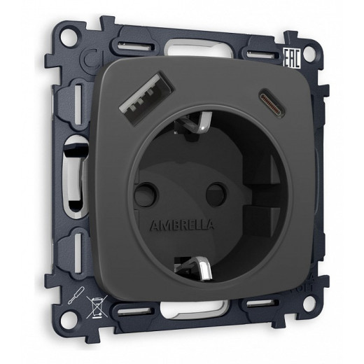 Розетка с заземлением и 2хUSB type A и C, без рамки Ambrella Volt Quant MO910010