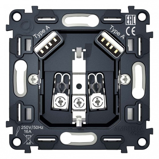 Механизм розетки с заземлением и 2хUSB type A Ambrella Volt Quant VM155