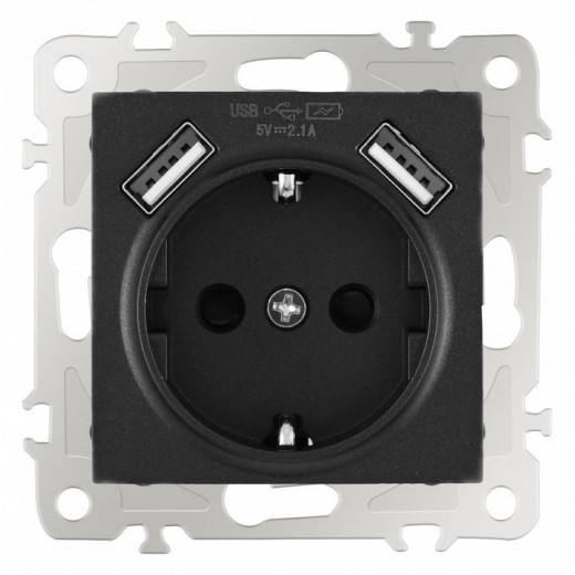 Розетка с заземлением и со шторкой и 2хUSB, без рамки Arte Milano am-206 206.47-1.black